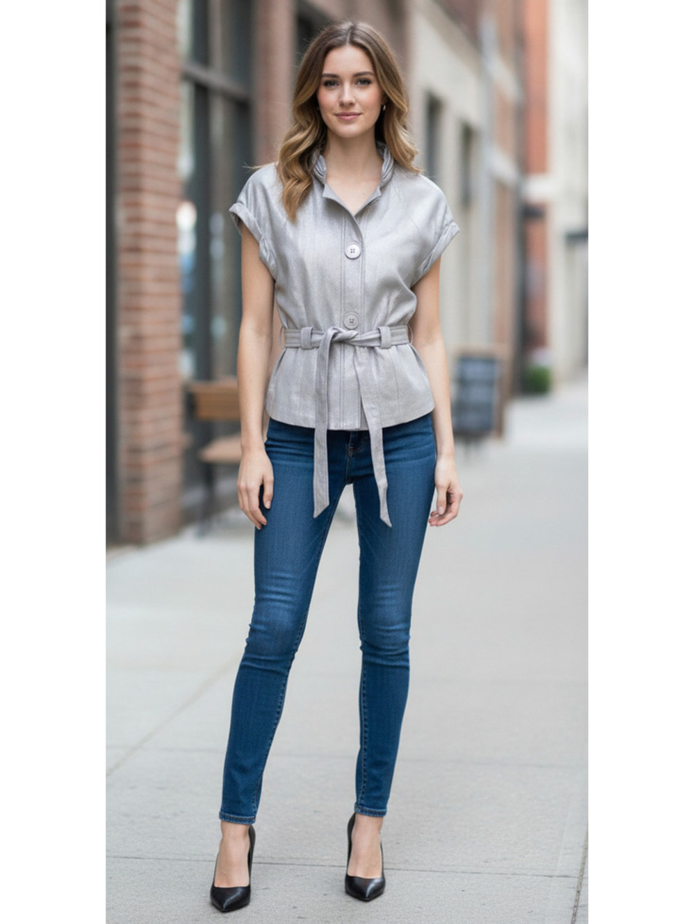 Chaus Silver Metallic Short Sleeve Belted Jacket Size 6